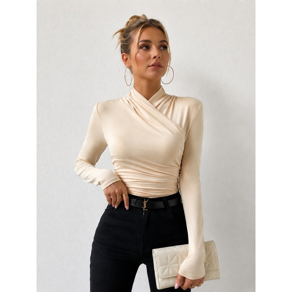 Commense Apricot Beige Ruched Crossover Long Sleeve Top Mock Neck Blouse Size M